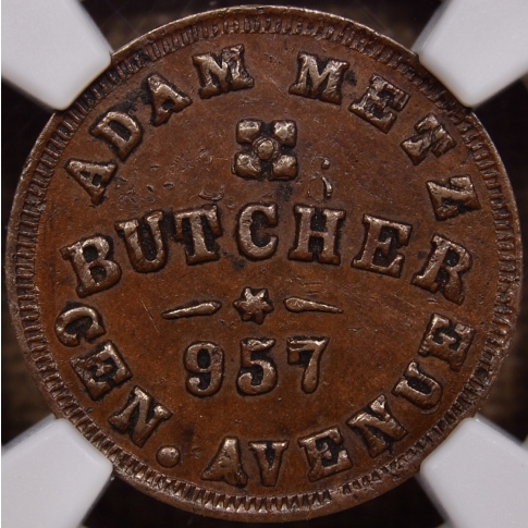 (1861-65) Cincinnati, OH F-165DP-8a Civil War Store Card, Adam Metz, Butcher NGC MS63 BN