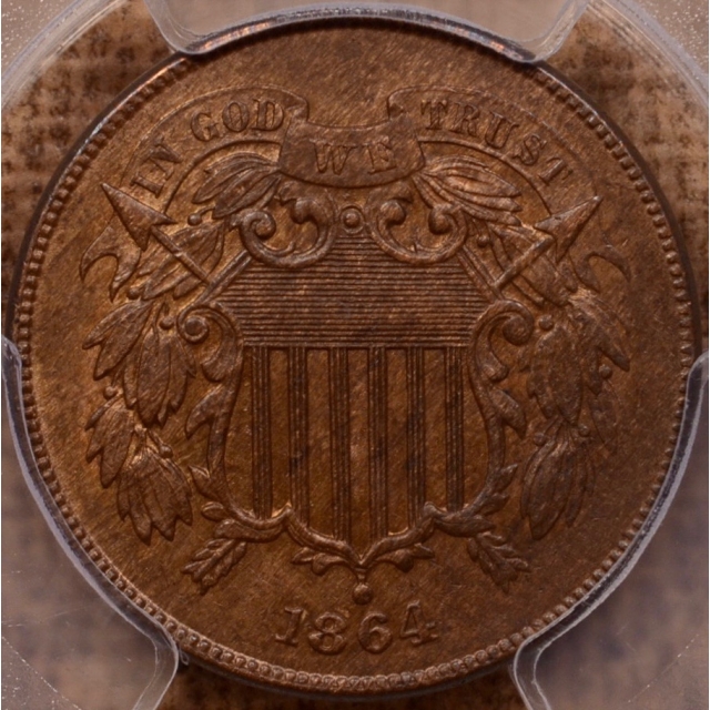 1864 Large Motto Two Cent Piece PCGS MS62 BN