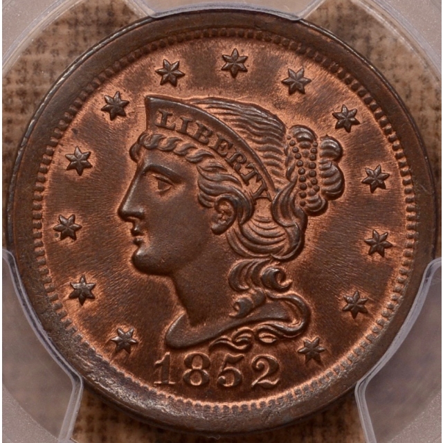 1852 N.22,9 Braided Hair Cent PCGS MS64RB (CAC)