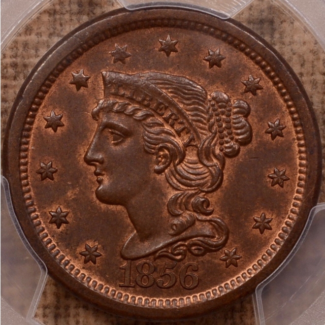 1856 N.3 Slanted 5 Braided Hair Cent PCGS MS64RB (CAC)