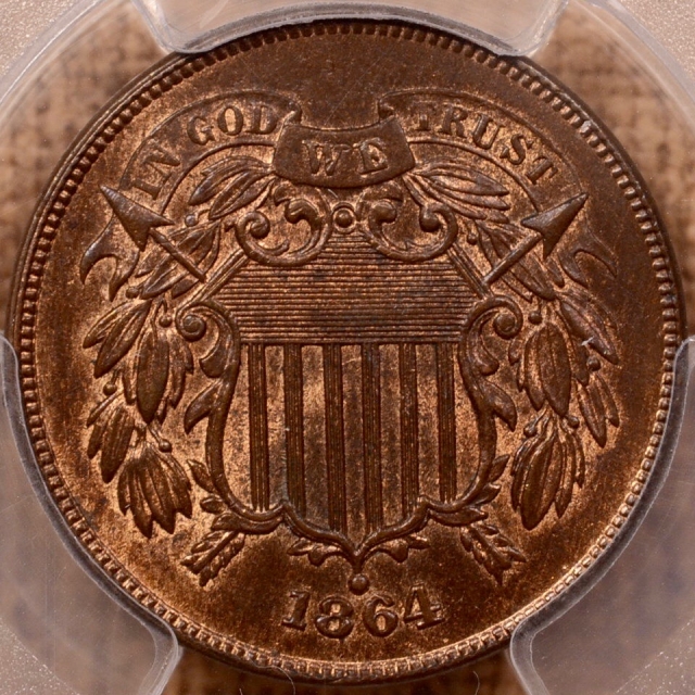 1864 Large Motto Two Cent Piece PCGS MS65 RB (CAC)