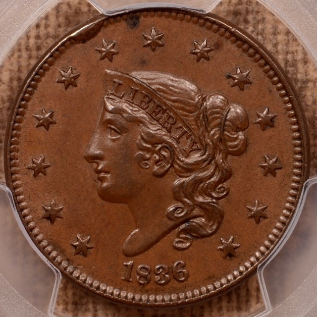 1836 N.3 Coronet Head Cent PCGS MS62 BN