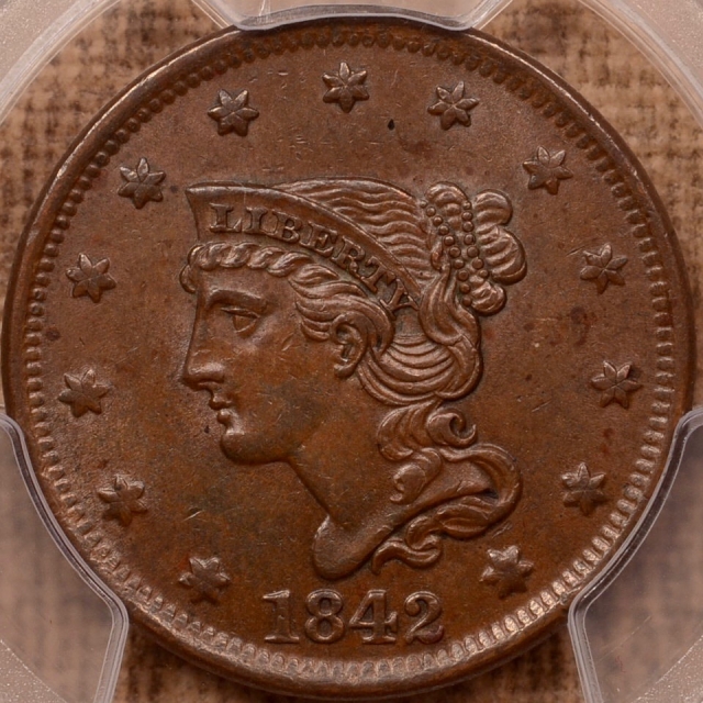 1842 N.6 Large Date Braided Hair Cent PCGS MS62BN