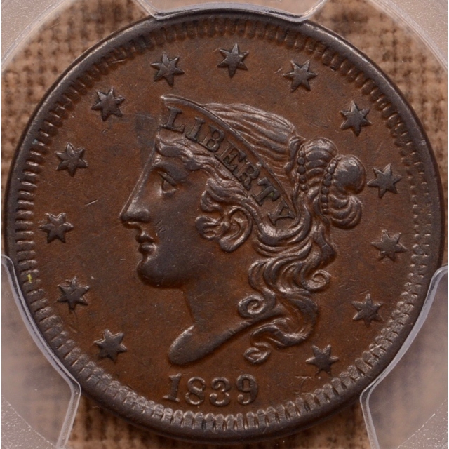 1839 N.3 Head of 1838 Coronet Head Cent PCGS AU55BN (CAC)