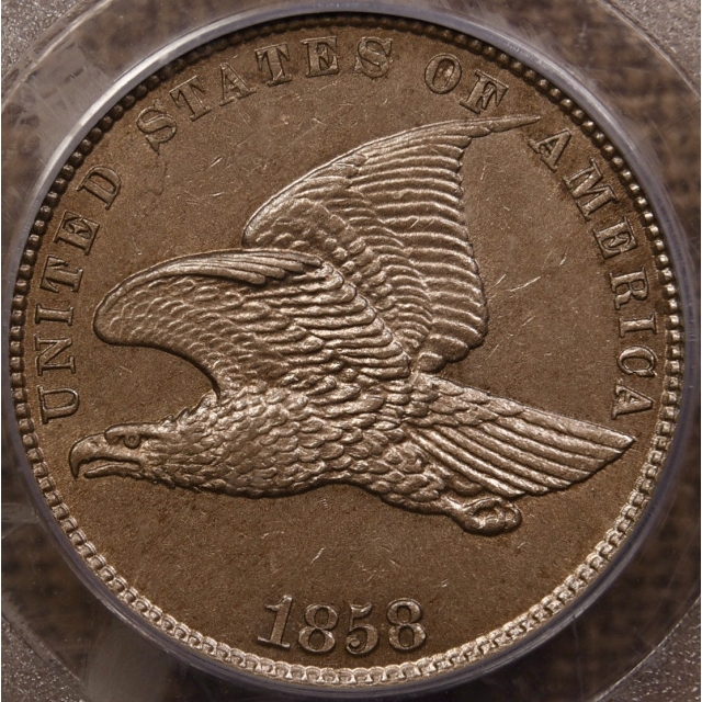 1858 Small Letters Flying Eagle Cent PCGS AU58, Eagle Eye Photo Seal