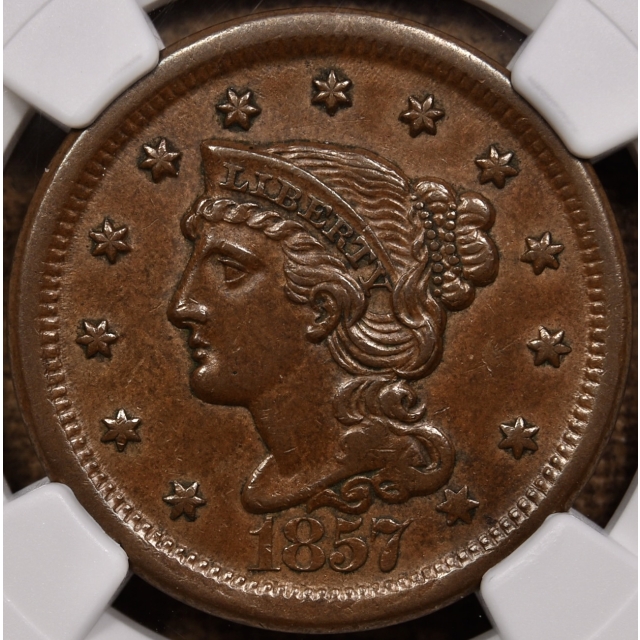 1857 N.1 Large Date Braided Hair Large Cent NGC AU58 BN