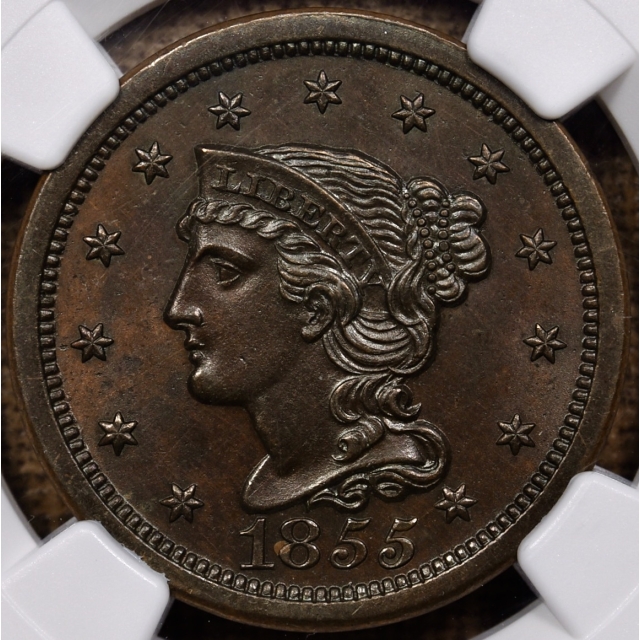 1855 N.10 Slanted 55 Braided Hair Large Cent NGC MS63 BN CAC