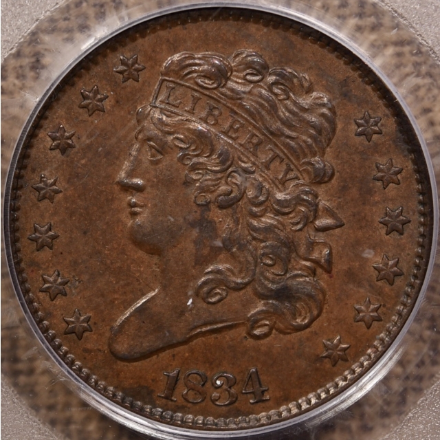 1834 Classic Head Half Cent PCGS AU58, no wear