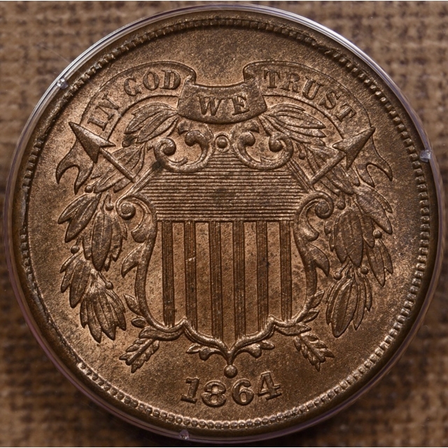 1864 Large Motto Two Cent Piece PCGS MS64 RB Rattler CAC