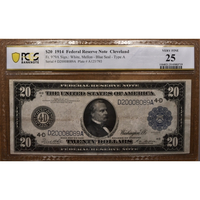 1914 $20 Federal Reserve Note Cleveland Fr-979A PCGS Banknote VF25