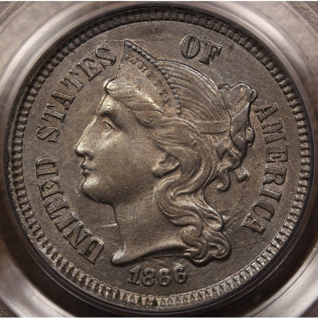1866 Three Cent Nickel PCGS AU55 OGH, Great clash marks!