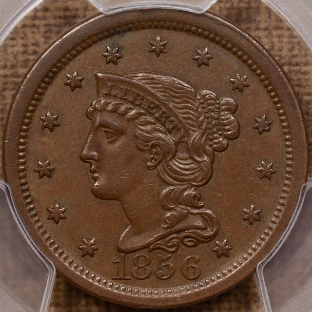 1856 N.12 Upright 5 Braided Hair Cent PCGS AU50