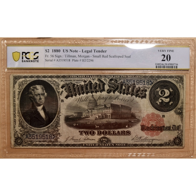 1880 FR# 56 United States Note Legal Tender Small Red Scalloped Seal $2, PCGS VF20