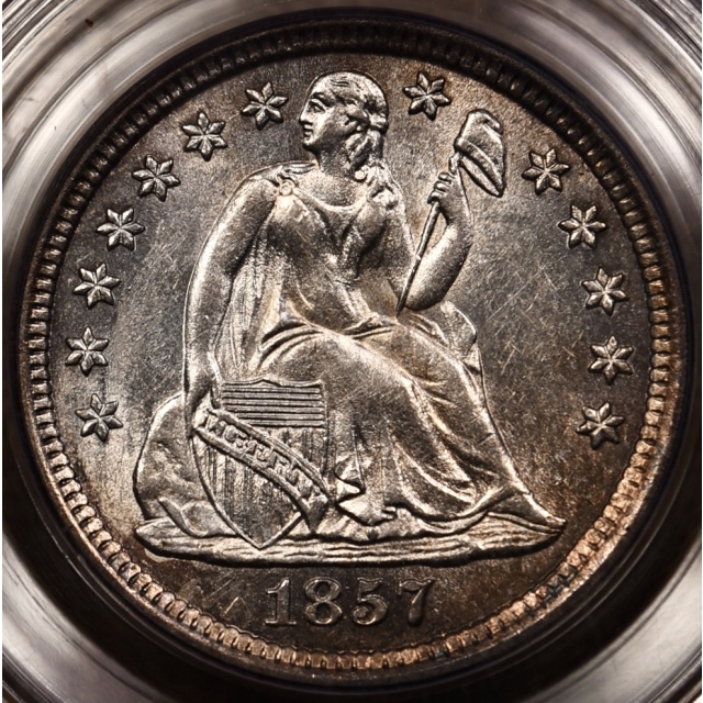1857-O F-102 Liberty Seated Dime PCGS MS62 Gen 2.1 Holder CAC, WOW