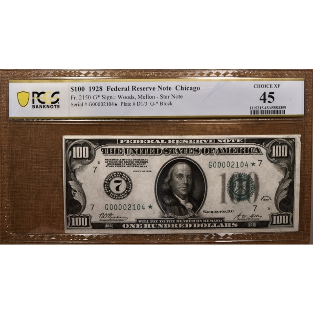 1928 $100 Federal Reserve Star Note Chicago Fr-2150-G* PCGS Banknote XF45