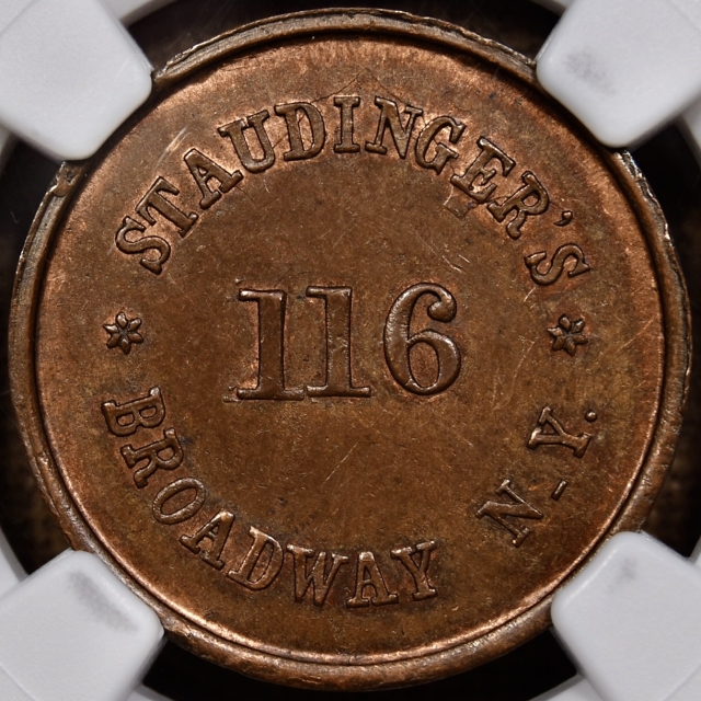 1863 Civil War Store Card, New York, NY, Staudinger's F-630BS-1a NGC MS65 BN