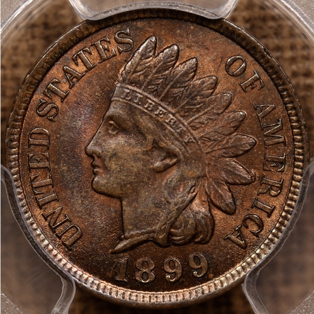 1899 Indian Cent PCGS MS64 RB CAC, cool die chip