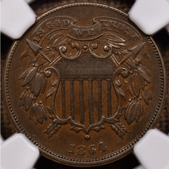 1864 Small Motto Two Cent Piece NGC AU58 BN CAC