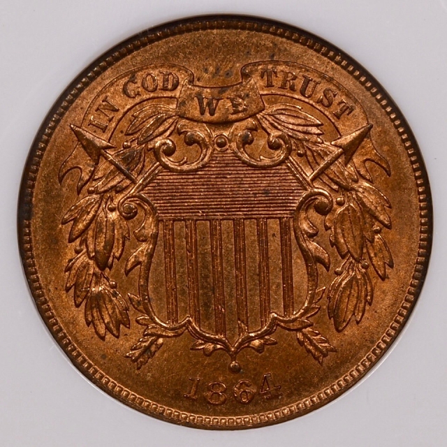 1864 2C Large Motto Two Cent Piece, NGC MS65 RB, No-Line Fatty