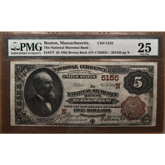 1882 $5 Brown Back, The National Shawmut Bank of, Boston, MA Ch# 5155  PMG 25