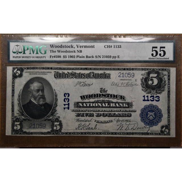 1902 FR# 598 Plain Back $5 National Bank Note, Charter# 1133, Vermont, The Woodstock National Bank, PMG AU55