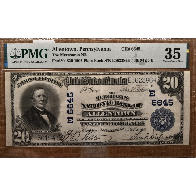 1902 $20 Plain Back, The Merchants National Bank of, Allentown, PA Ch# 6645 PMG 35