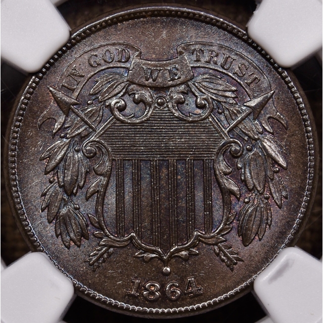 1864 Large Motto Two Cent Piece NGC MS64 BN, great color!