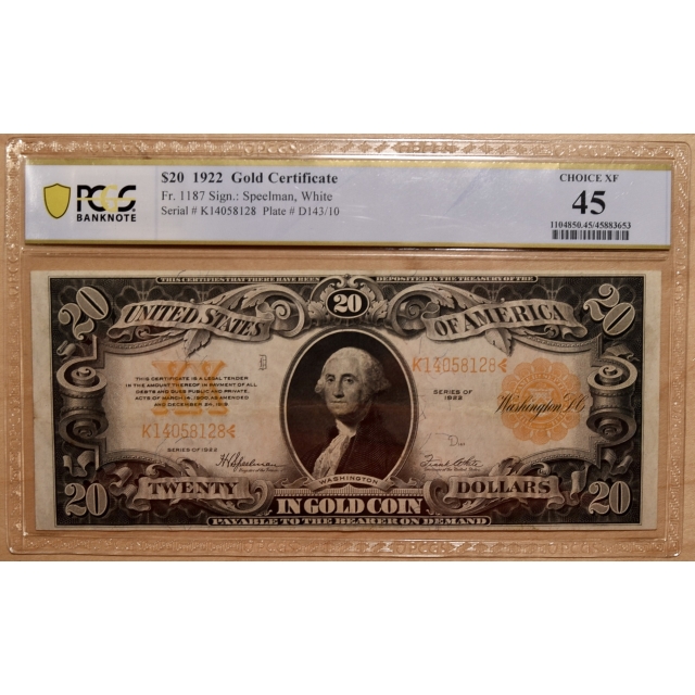 1922 FR# 1187 $20 Gold Certificate, PCGS XF45