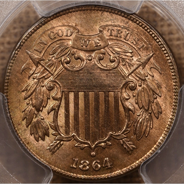 1864 Large Motto Two Cent Piece PCGS MS64 RB CAC, RD!!