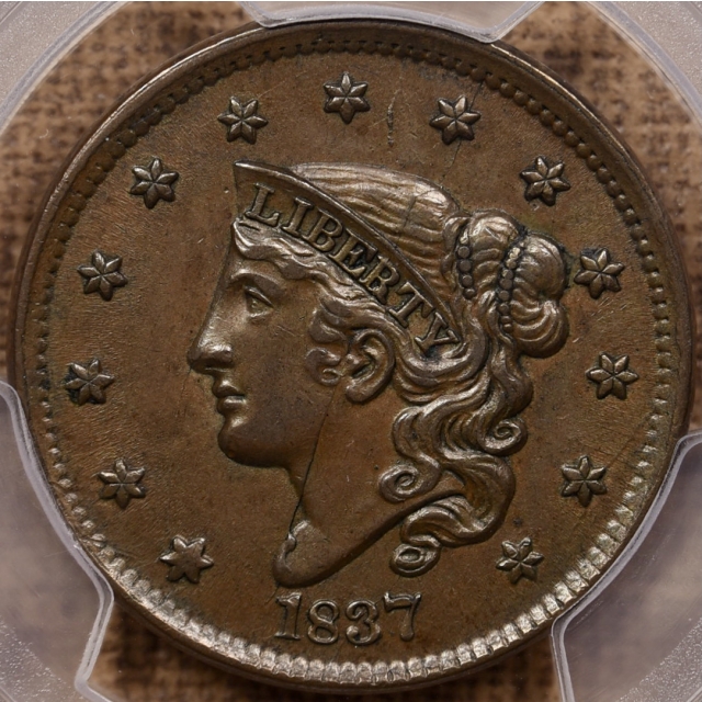 1837 N.9F Head of 1838 Coronet Head Cent PCGS AU58 CAC