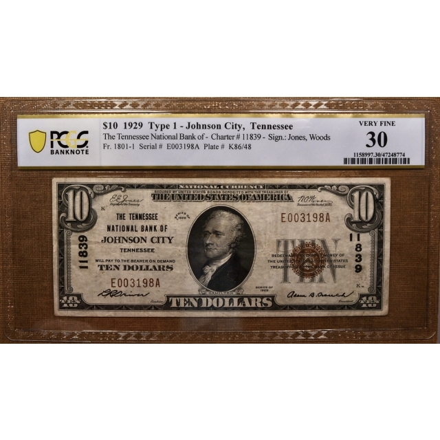 1929 $10 Type 1 National, Johnson City, TN Ch# 11839 PCGS Banknote VF30