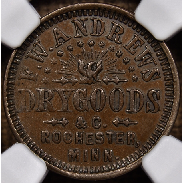 1863 Civil War Store Card, Rochester, MN, F.W. Andrews, Dry Goods F-720A-3a R7 NGC MS61 BN