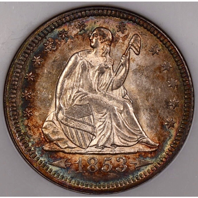 1853 25C Arrows and Rays Liberty Seated Quarter NGC MS63, Perfect No-Line Fatty (CAC)