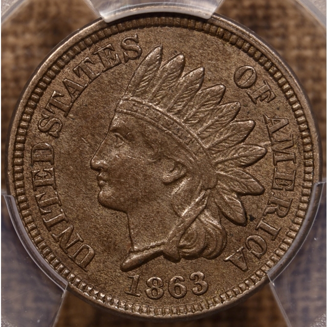 1863 Indian Cent PCGS AU58, PQ+