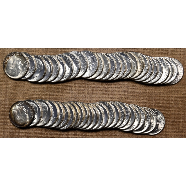 1950-D Original BU Roosevelt Dime roll w/toned end coins