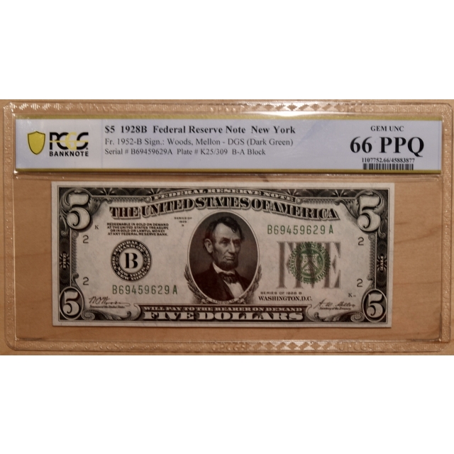 1928-B FR# 1952-B $5 Federal Reserve Note, New York, PCGS MS66 PPQ
