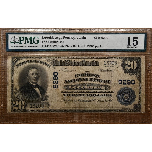 1902 FR#652 Plain Back $20 National Bank Note, Charter #9290, Pennsylvania, The Farmers National Bank of Leechburg, PMG F15