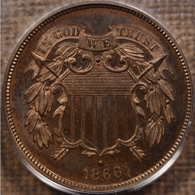 1866 Two Cent Piece PCGS PR64 RB OGH CAC