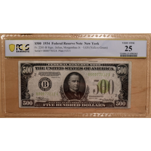 1934 FR# 2201-B $500 Federal Reserve Note, New York, PCGS VF25