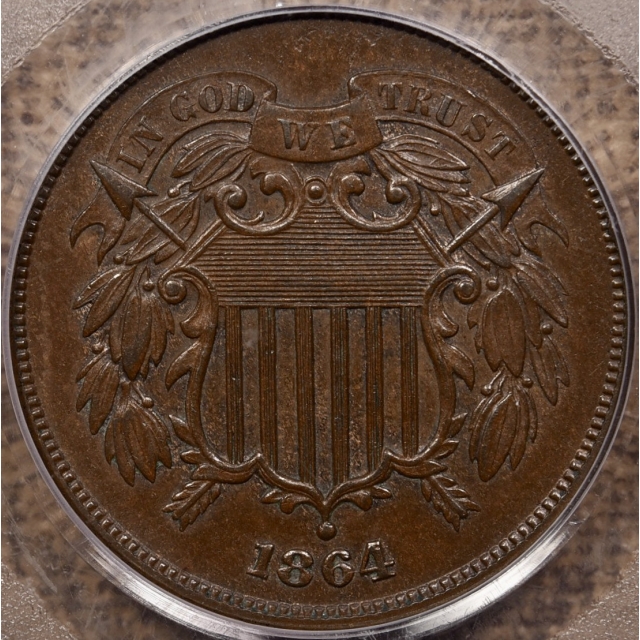 1864 Large Motto Two Cent Piece PCGS AU58 CAC