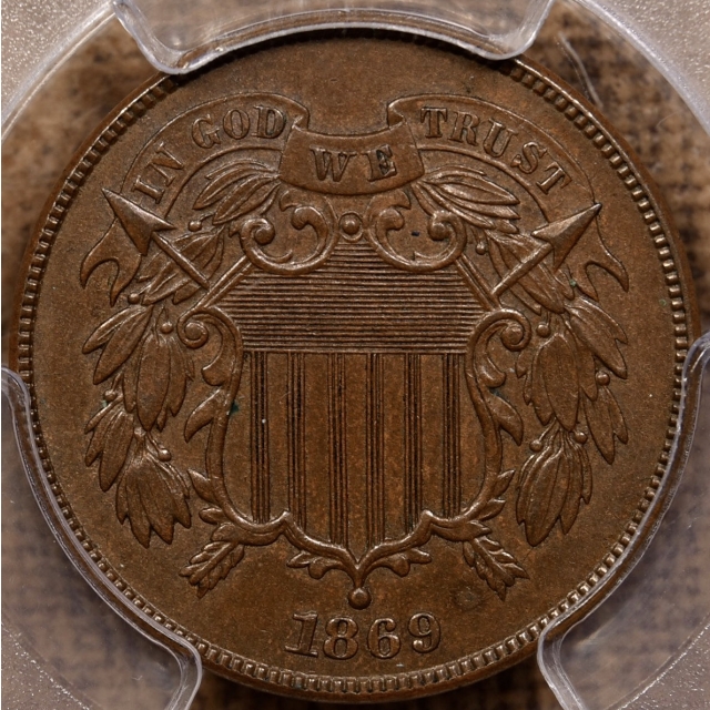 1869 Two Cent Piece PCGS MS62 BN CAC