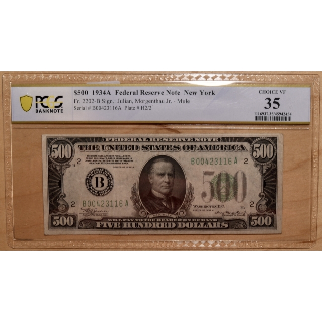 1934A FR# 2202-B $500 Federal Reserve Note, New York, PCGS VF35