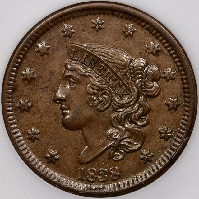 1838 N.4-F VLDS Coronet Head Cent old ANACS MS62 BN