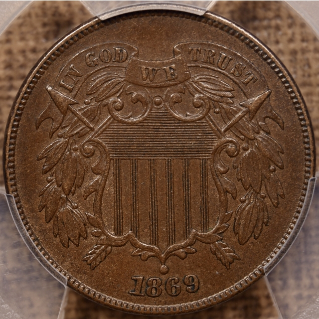1869 Two Cent Piece PCGS AU58, rev retained cud