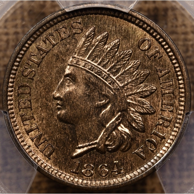 1864 Bronze Indian Cent PCGS MS64 RB, flashy semi-PL