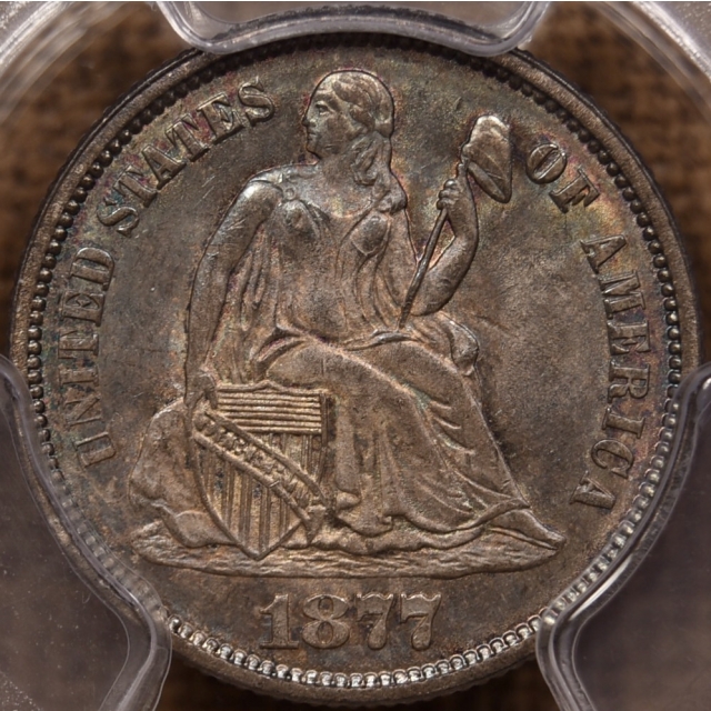 1877 Liberty Seated Dime PCGS MS65+ CAC, amazing color