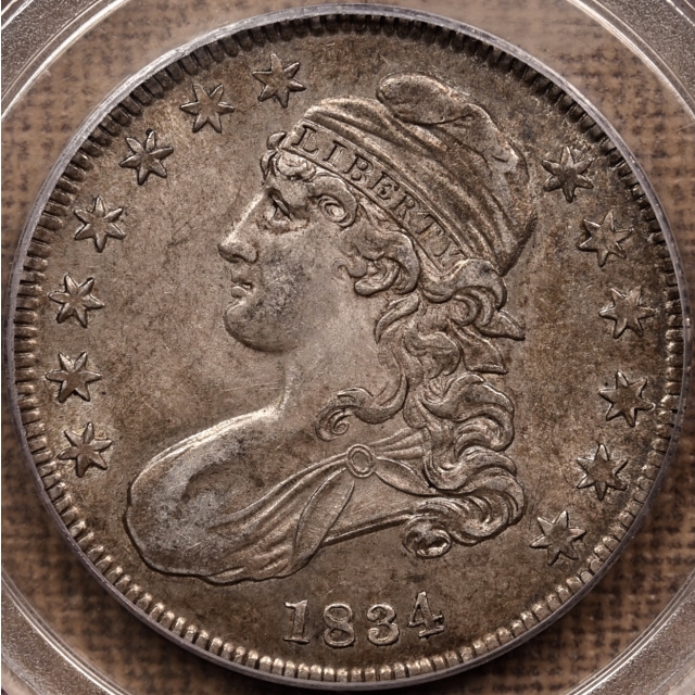 1834 O.116 Small Date, Small Letters Capped Bust Half Dollar PCGS AU55 CAC, ex. Brunner