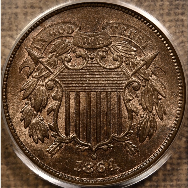 1864 Large Motto Two Cent Piece PCGS MS64 RB OGH CAC