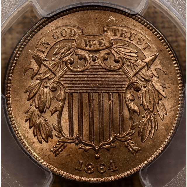 1864 Large Motto Two Cent Piece PCGS MS65 RB CAC