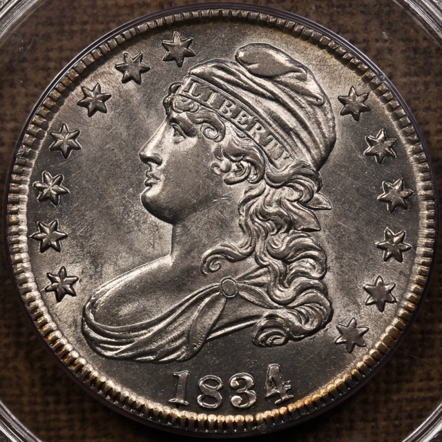 1834 O.106 Large Date, Large Letters Capped Bust Half Dollar PCGS AU55 Rattler